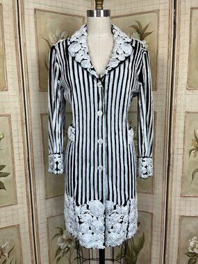 Samuel Dong Black & White Striped Jacket w/ Floral Applique